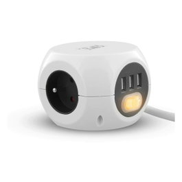 T'nb Adaptador múltiple 2 en 1 con 3 tomas de tierra 16A y 3 puertos USB 2.4A - Blanco