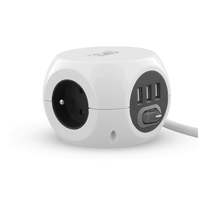 T'nb Adaptador múltiple 2 en 1 con 3 tomas de tierra 16A y 3 puertos USB 2.4A - Blanco