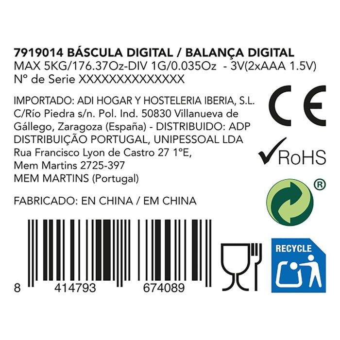 Báscula Cocina Gallery DCook 23x16x2 cm-5 kg (24 Unidades)