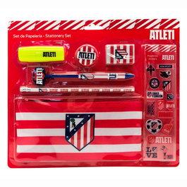 CYP BRANDS Set de Papelería Atlético de Madrid con Portatodo, Lápiz, Goma, Sacapuntas, Bolígrafo, Subrayador y Pegatinas