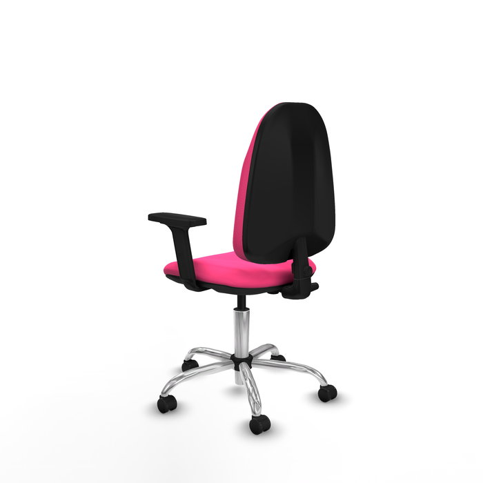 Silla de oficina Algarra con mecanismo Contacto permanente básico tapizada con Similpiel color Rosa. Equipada con Base cromada, Brazos 2D y Ruedas de parqué