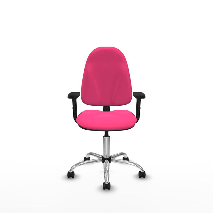 Silla de oficina Algarra con mecanismo Contacto permanente básico tapizada con Similpiel color Rosa. Equipada con Base cromada, Brazos 2D y Ruedas de parqué