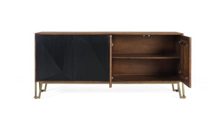 GINER Y COLOMER Aparador 180 cm en Madera de Mango, 4 Puertas, Color Avellana y Negro Mate con Base Metálica Dorada, Diseño Contemporáneo