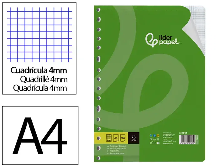 Liderpapel Recambio A4 100 Hojas 75g Cuadro 4mm con Margen y 16 Taladros Liderpapel Recambio A4 100 Hojas 75g Cuadro 4mm con Margen y 16 Taladros