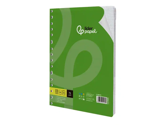 Liderpapel Recambio A4 100 Hojas 75g Cuadro 4mm con Margen y 16 Taladros Liderpapel Recambio A4 100 Hojas 75g Cuadro 4mm con Margen y 16 Taladros