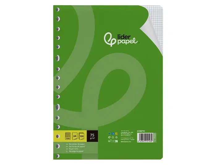 Liderpapel Recambio A4 100 Hojas 75g Cuadro 4mm con Margen y 16 Taladros Liderpapel Recambio A4 100 Hojas 75g Cuadro 4mm con Margen y 16 Taladros