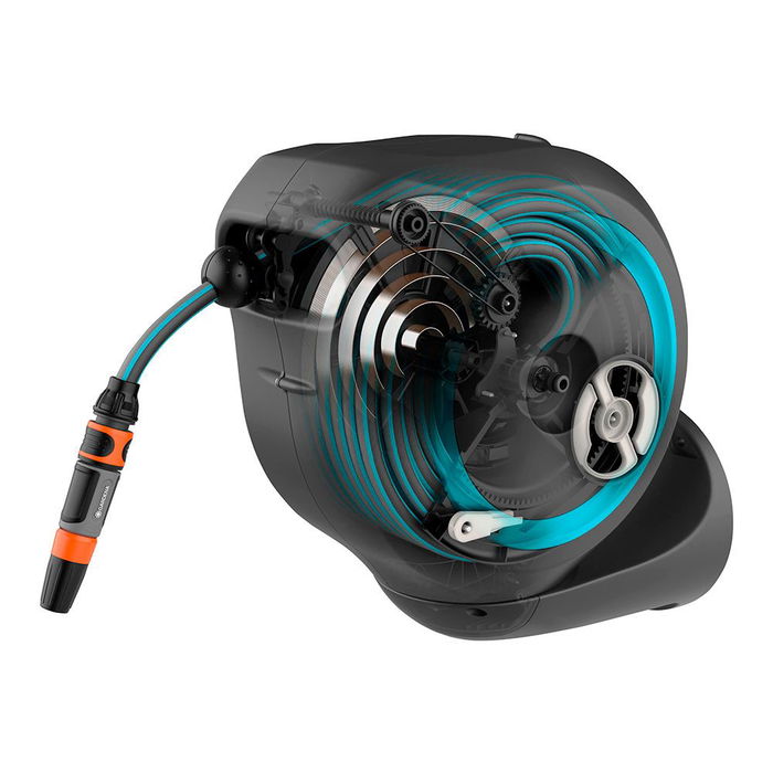 Gardena Enrollador de Manguera Automático Rollup 15 m con Soporte Mural, Protección Anti Heladas, Anti UV y Anti Algas
