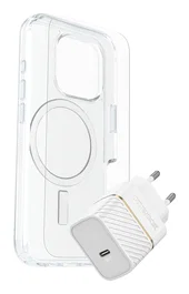 OtterBox Symmetry Series Clear para MagSafe con Premium Glass y Cargador de Pared USB-C 30W para Apple iPhone 16 Pro
