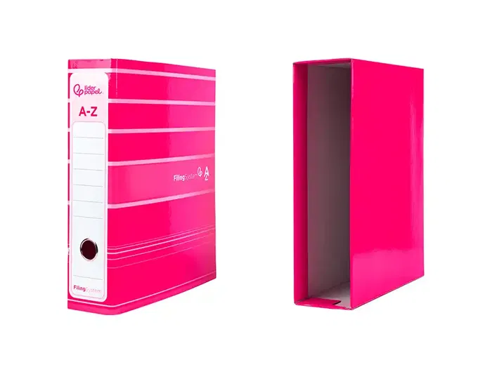 Liderpapel Archivador de Palanca A4 Filing System 80mm Rosa con Caja y Compresor Metálico Forrado