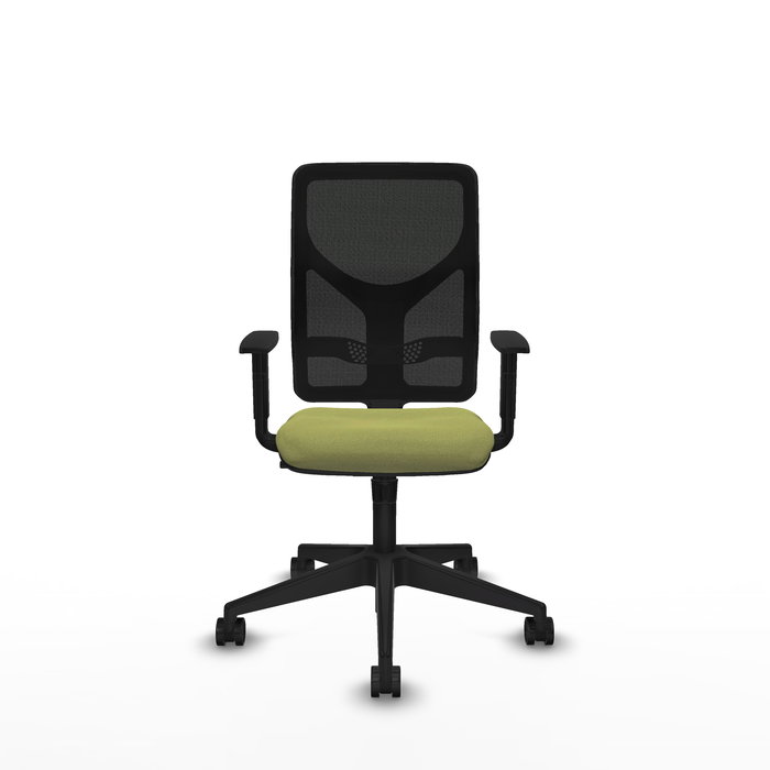 Silla de oficina Motilla con mecanismo Sincro tapizada con Tela color Verde oliva y malla color negra. Equipada con lumbar 1D, Brazos 1D y Ruedas 65mm nailon