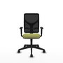 Silla de oficina Motilla con mecanismo Sincro tapizada con Tela color Verde oliva y malla color negra. Equipada con lumbar 1D, Brazos 1D y Ruedas 65mm nailon