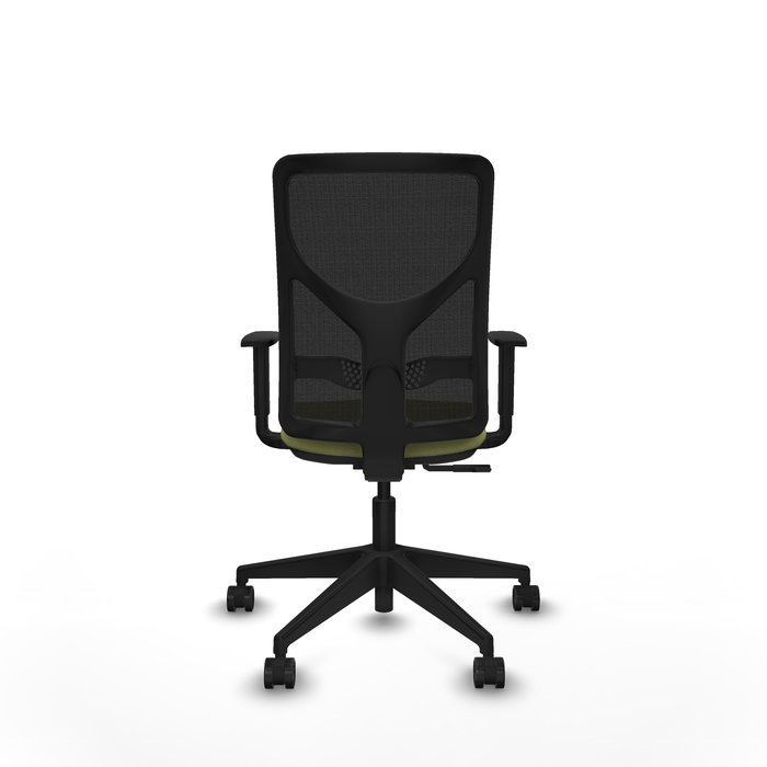 Silla de oficina Motilla con mecanismo Sincro tapizada con Tela color Verde oliva y malla color negra. Equipada con lumbar 1D, Brazos 1D y Ruedas 65mm nailon