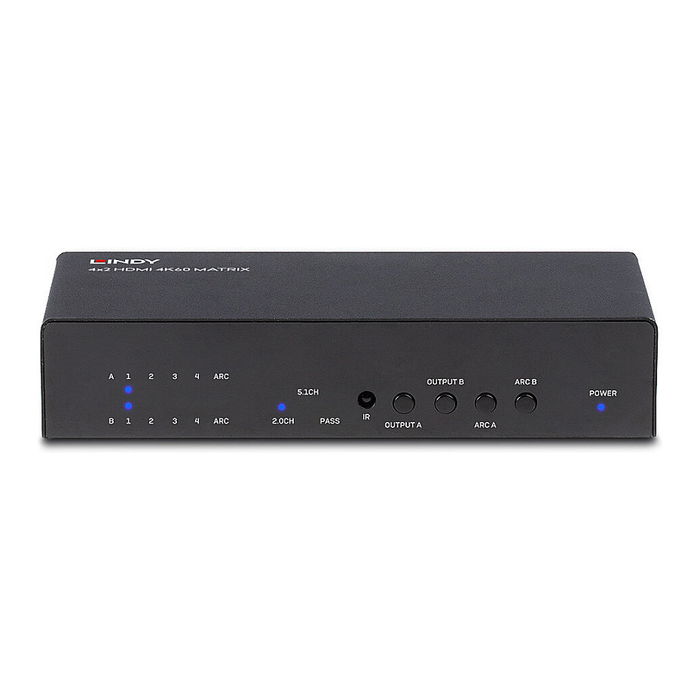 LINDY 38084 Conmutador Matriz HDMI 4x2, HDMI 2.0, 18 Gbit/s, 4K UHD 3840x2160, HDCP 2.2, Negro, Metal
