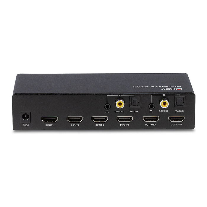 LINDY 38084 Conmutador Matriz HDMI 4x2, HDMI 2.0, 18 Gbit/s, 4K UHD 3840x2160, HDCP 2.2, Negro, Metal