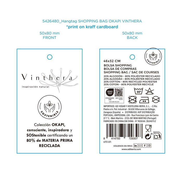 Bolsa 80% Poliester 20% Algodon Okapi Vinthera 46x32 cm (12 Unidades)
