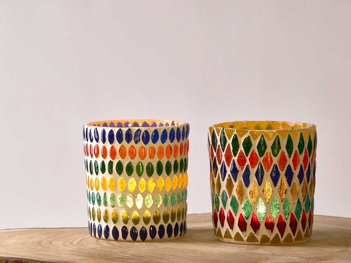 Giftdecor Portavela Redondo Rombos Surtidos Vidrio Multicolor 8 x 9.5 x 8 cm (Set de 24)