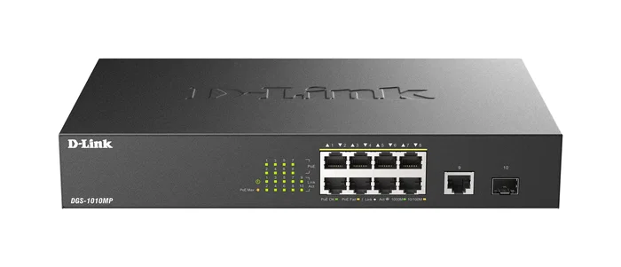 D-Link DGS-1010MP/E Switch de red de 10 puertos con 8 puertos PoE+ Gigabit y SFP