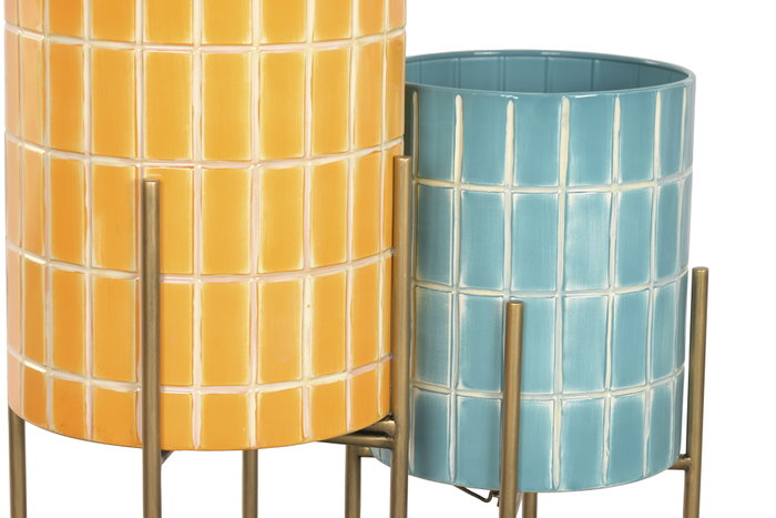 DKD Home Decor Set de 2 Maceteros de Metal con Mosaico Azul