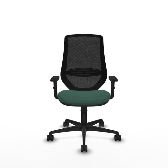 Silla de oficina Mardos con mecanismo Sincro tapizada con Tela color Verde botella y malla color Negro. Equipada con lumbar 1D, Brazos 1D y Ruedas 65mm nailon