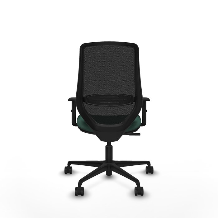 Silla de oficina Mardos con mecanismo Sincro tapizada con Tela color Verde botella y malla color Negro. Equipada con lumbar 1D, Brazos 1D y Ruedas 65mm nailon