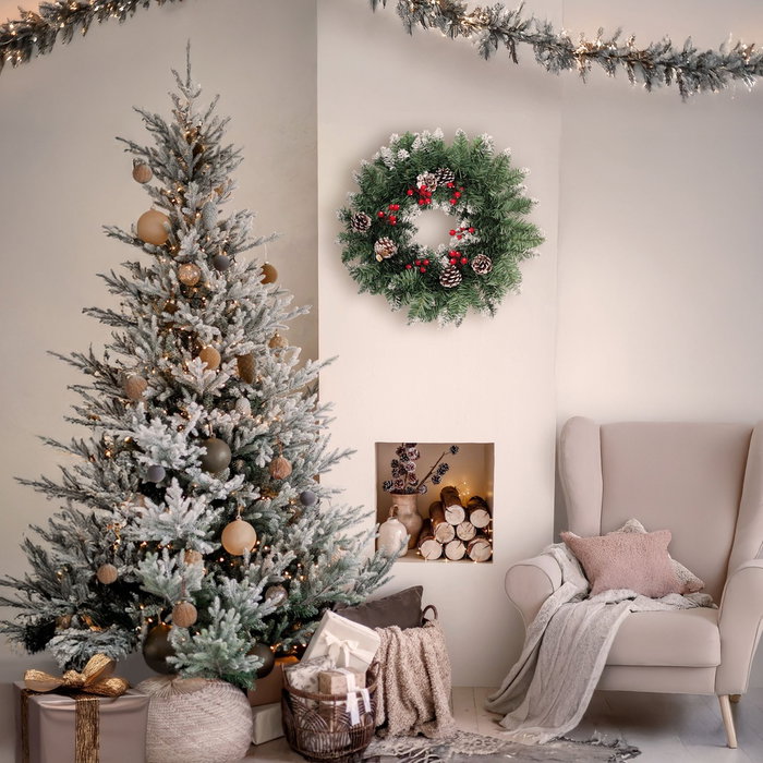 Bambasy Corona de Navidad Baliti con Efecto Nieve, Acebo y Piñas, Ø50cm Bambasy Corona de Navidad Baliti con Efecto Nieve, Acebo y Piñas, Ø50cm