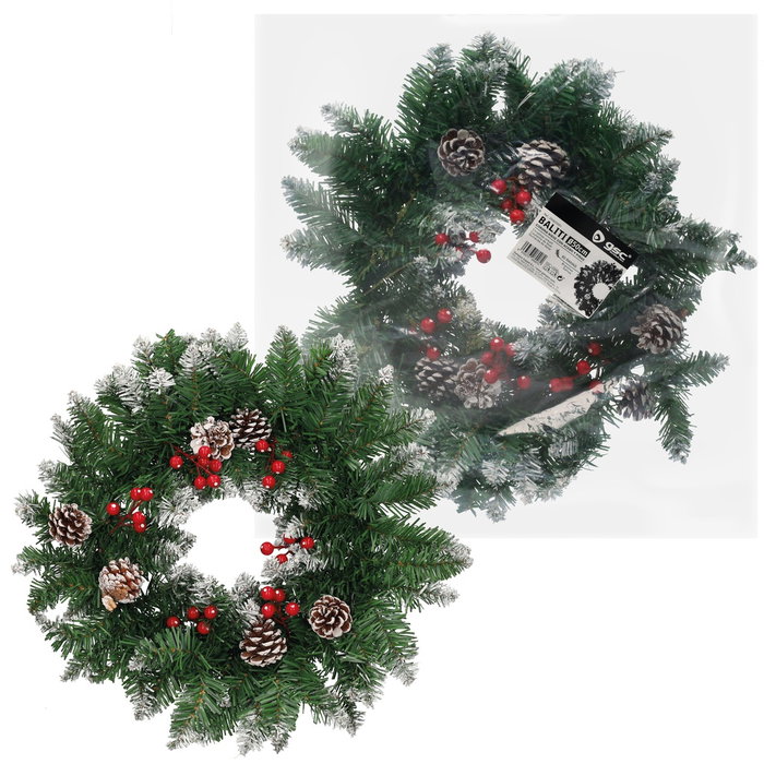 Bambasy Corona de Navidad Baliti con Efecto Nieve, Acebo y Piñas, Ø50cm Bambasy Corona de Navidad Baliti con Efecto Nieve, Acebo y Piñas, Ø50cm