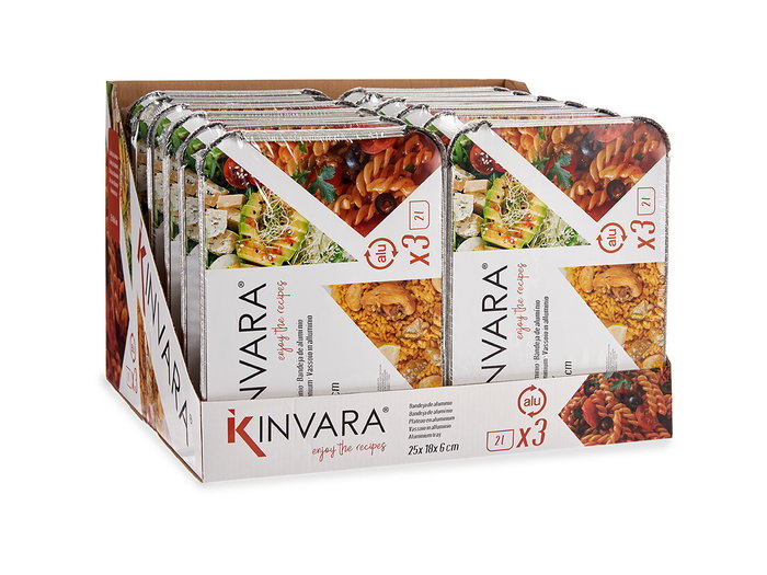 Kinvara Set de 3 Bandejas Hondas con Tapa de Aluminio, Capacidad 2000 ml, Apto para Horno, 25.5x19x6.5 cm (Set de 24)