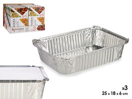 Kinvara Set de 3 Bandejas Hondas con Tapa de Aluminio, Capacidad 2000 ml, Apto para Horno, 25.5x19x6.5 cm (Set de 24)