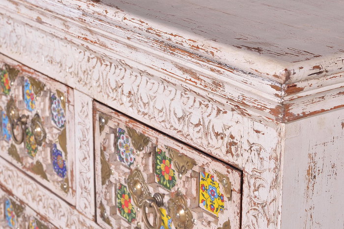 Giner y Colomer Comoda 4 Cajones Madera Mango Cerámica Bronce Blanco Envejecido