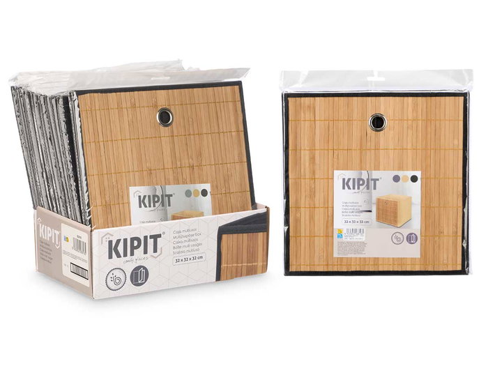 Kipit Caja Plegable Organizadora de Tela y Cartón con Bambú, Color Marrón, 32 x 32 x 15 cm (Set de 24)