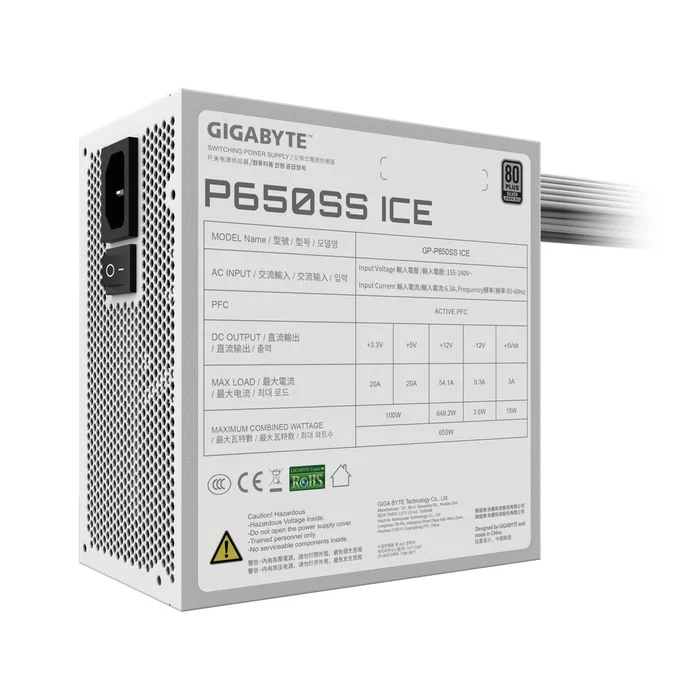 Gigabyte P650SS ICE Fuente de Alimentación ATX 650W 80 PLUS Silver, ATX 3.0 Compatible con PCIe 5.0, Ventilador 120mm FDB, Cables Planos, Color Blanco
