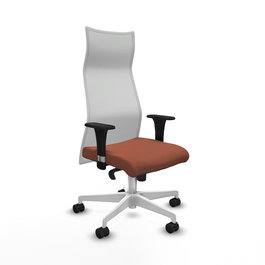 Sillón Albacete con mecanismo Sincro tapizada con Tela color Marrón y malla color Blanco. Equipado con Base poliamida blanca, Brazos 1D y Ruedas 65mm nailon