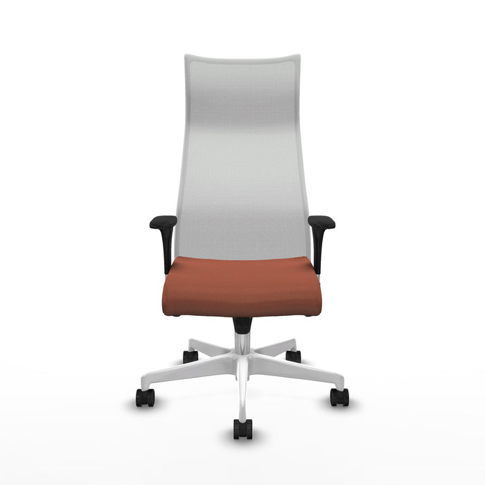 Sillón Albacete con mecanismo Sincro tapizada con Tela color Marrón y malla color Blanco. Equipado con Base poliamida blanca, Brazos 1D y Ruedas 65mm nailon