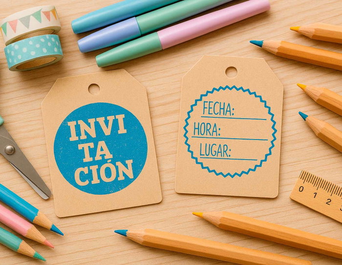Innspiro Kit de 4 Sellos de Madera Woodies 'Fiesta Invitaciones' y Tinta Azul Claro