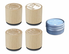 Innspiro Kit de 4 Sellos de Madera Woodies 'Fiesta Invitaciones' y Tinta Azul Claro