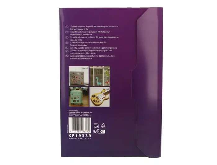 Q-Connect Vinilo Adhesivo A4 Blanco Mate para Impresoras Inkjet - Pack de 20 Hojas - Etiquetas Imprimibles