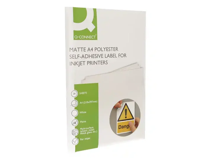 Q-Connect Vinilo Adhesivo A4 Blanco Mate para Impresoras Inkjet - Pack de 20 Hojas - Etiquetas Imprimibles