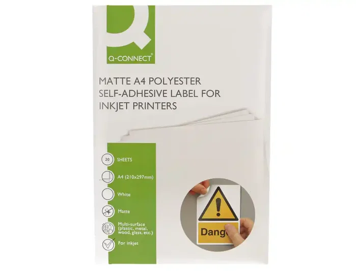 Q-Connect Vinilo Adhesivo A4 Blanco Mate para Impresoras Inkjet - Pack de 20 Hojas - Etiquetas Imprimibles