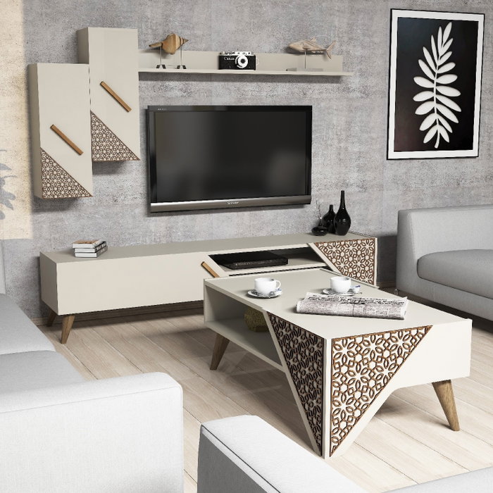 Hanah Home Conjunto de Muebles de Salón Crema, Mueble TV, Mesa Centro, Estantería, Estante Pared, Diseño Moderno Floral, Melamina 18mm
