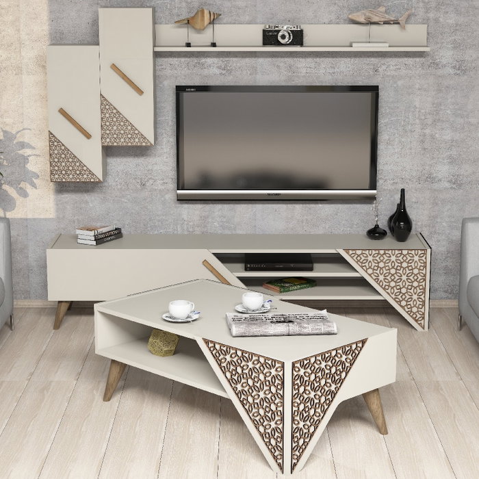 Hanah Home Conjunto de Muebles de Salón Crema, Mueble TV, Mesa Centro, Estantería, Estante Pared, Diseño Moderno Floral, Melamina 18mm