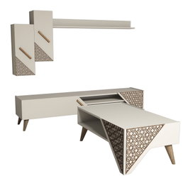 Hanah Home Conjunto de Muebles de Salón Crema, Mueble TV, Mesa Centro, Estantería, Estante Pared, Diseño Moderno Floral, Melamina 18mm