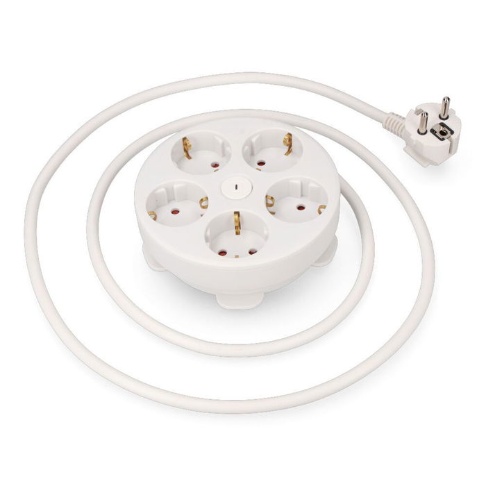 EDM Base Múltiple 5 Tomas Schuko con Interruptor, 1.5 m Cable H05VV-F 3G1.5 mm², 16A 250V~, Ranura Recoge Cable, Blanca