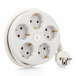EDM Base Múltiple/Regleta 5 Tomas Schuko con Interruptor, Cable 1.5 m H05VV-F 3G1.5mm², 16A 250V, Ranura Recogecables, Color Blanco