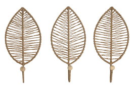 DKD Home Decor Set de 3 Percheros de Pared de Yute y Metal con Diseño de Hoja