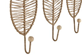 DKD Home Decor Perchero Pared Tropical Natural Yute Metal Set de 3 Piezas 4 x 26 x 12 cm