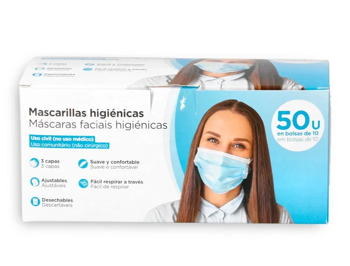 Mascarilla Facial Higienica Desechable 3 Capas Con Ajuste Nasal Filtracion 95% Color Azul 50 unidades