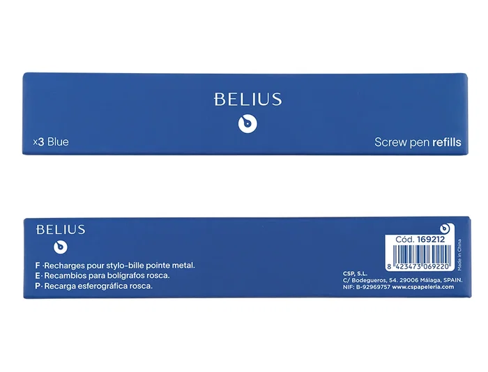 Belius Recambio Bolígrafo con Rosca Azul Caja 3 Unidades Punta Media 1mm Made in Germany