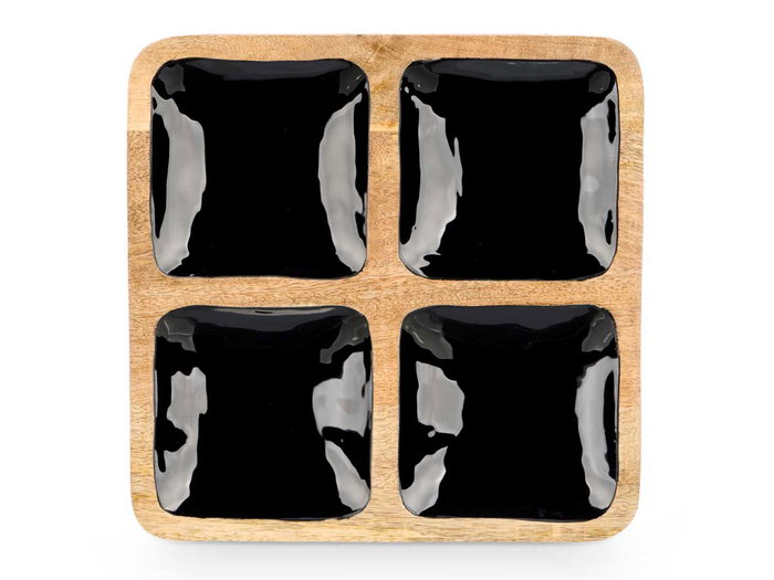 Giftdecor Bandeja Cuadrada 4 Espacios Madera Mango Negro 31 x 31 x 3 cm (Set de 6)