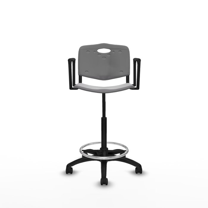 Taburete Robledo con mecanismo Giratorio de PVC color Gris claro. Equipado con Base poliamida negra, Brazos fijos y Ruedas autofrenantes