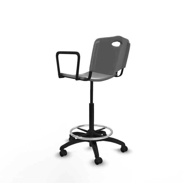 Taburete Robledo con mecanismo Giratorio de PVC color Gris claro. Equipado con Base poliamida negra, Brazos fijos y Ruedas autofrenantes